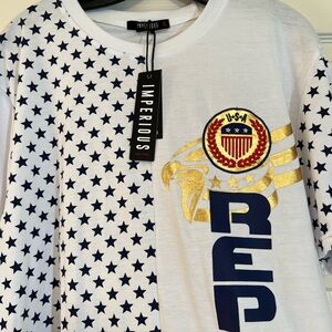 Imperious Men’s XL White & Navy USA Logo & Stars Graphic T-Shirt Short Sleeve